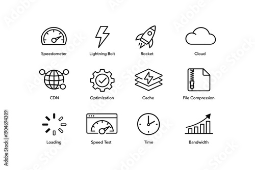 Icon set featuring speedometer, lightning bolt, rocket, cloud, and more