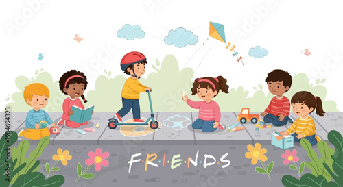 Diverse Children Friends Enjoying Outdoor Activities Together on Sidewalk, Chalk Art Fun