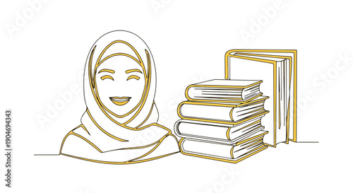 Happy Muslim woman wearing hijab next to a pile of books, minimalist golden line art illustration symbolizing learning, wisdom, and female education.