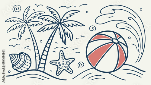 Artistic hand-drawn illustration of a summer tropical beach with palm trees and a beach ball.
