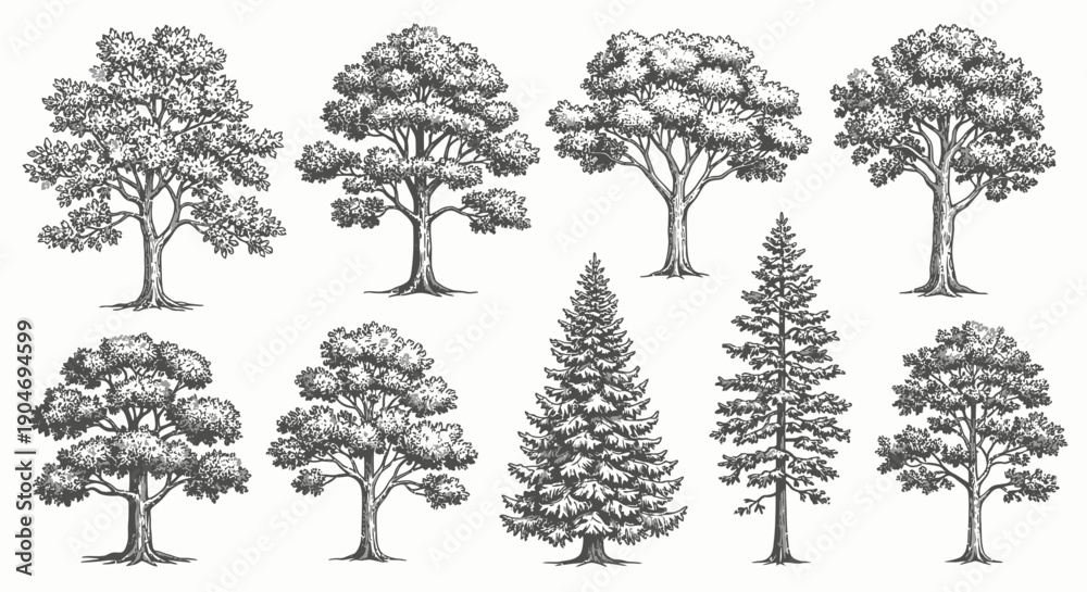 Fototapeta premium Vintage Tree Illustrations: A Diverse Collection of Deciduous and Evergreen Trees