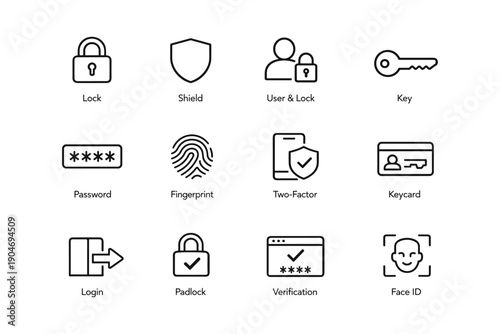 Security icon set: lock, shield, user, key, password, fingerprint, two-factor, keycard