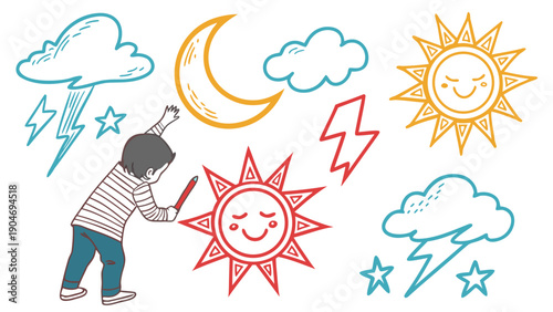 A young boy drawing various weather symbols including sun moon and storm clouds on a wall