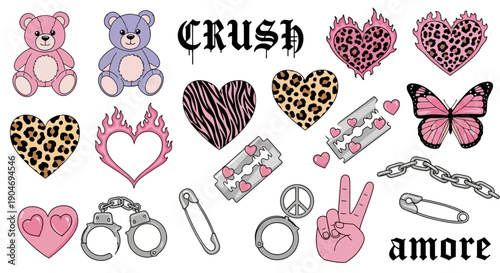 Y2K Aesthetic Icons: Teddy Bears, Hearts, Butterflies, and Edgy Symbols