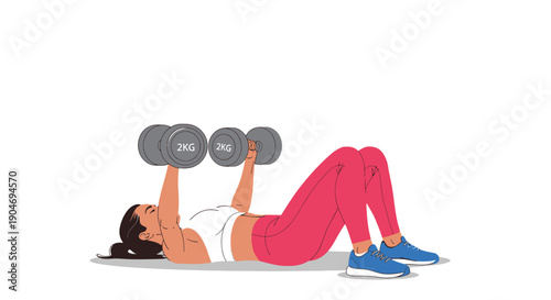 Woman Lying on Floor Doing Dumbbell Chest Press Exercise with Weights