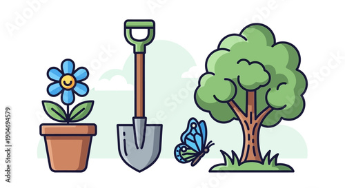 Whimsical Garden Icons Set: Flower, Shovel, Butterfly, and Tree Vector Illustration