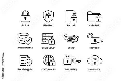 Secure icons: padlock, shield, file, folder, data, server, encrypt, decrypt, safe connection, cloud