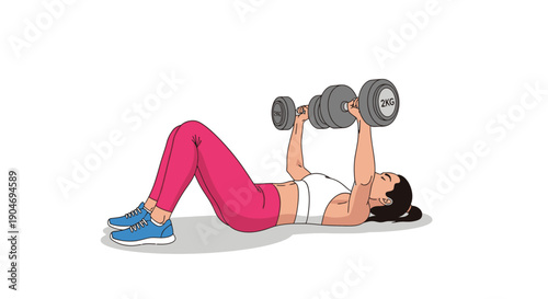 Woman Lying Down Doing Dumbbell Chest Press Exercise, Fitness Vector Illustration