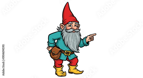 Whimsical Garden Gnome Pointing Finger with Red Hat and Blue Tunic, Vector Illustration
