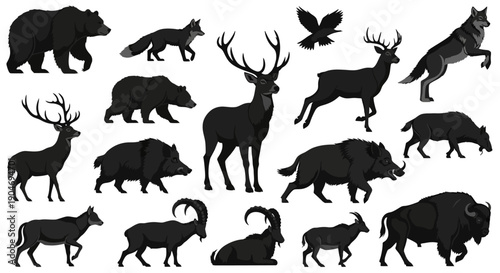 Collection of Silhouettes of Wild Animals in Black and White Vector Art