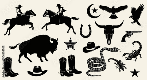 Wild West Silhouette Collection: Cowboys, Animals, and Western Icons Vector Set