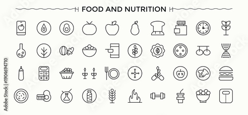 Food And Nutrition icon set. Food icon set. Thin UI icons. Includes symbols for lactose, nutrition, dietary, gmo, vitamin and more. Vector illustration.