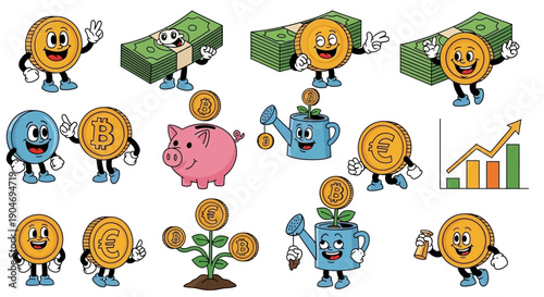 Whimsical Finance Icons: Coins, Money, Investments, and Growth Illustrations Collection
