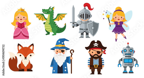 Whimsical Fantasy Characters Collection: Princess, Dragon, Knight, Fairy, Fox, Wizard, Pirate, Robot