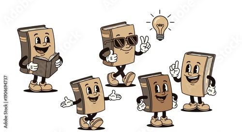 Funny Vintage Cartoon Book Characters with a Lightbulb Idea Symbol