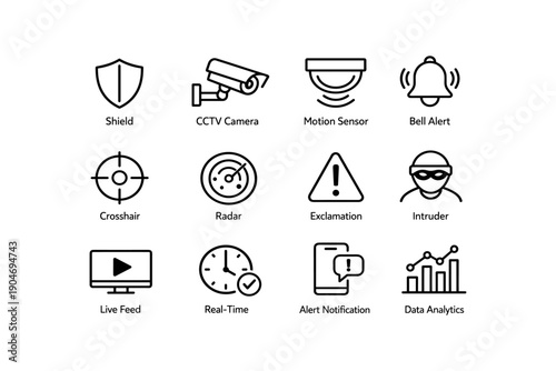 Security system icons: shield, camera, sensor, alert, crosshair, radar, exclamation, intruder, live, real-time, notification, analytics