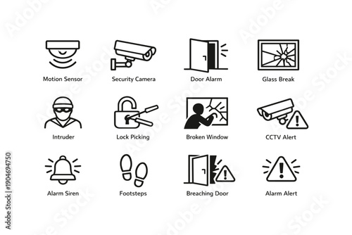 Home security symbols featuring cameras, alarms, and intruder alerts