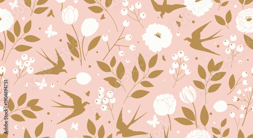 Canvas Print Whimsical Vintage Floral and Bird Vector Pattern with Butterflies and Berries