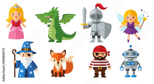 Whimsical Fantasy Characters Collection: Princess, Dragon, Knight, Fairy, Wizard, Fox, Pirate, Robot
