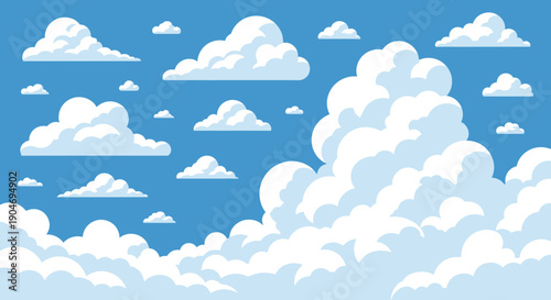 Vibrant Blue Sky with Fluffy White Cumulus Clouds, Digital Illustration for Backgrounds
