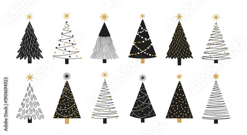 Elegant Black and Gold Christmas Trees with Star Toppers Collection