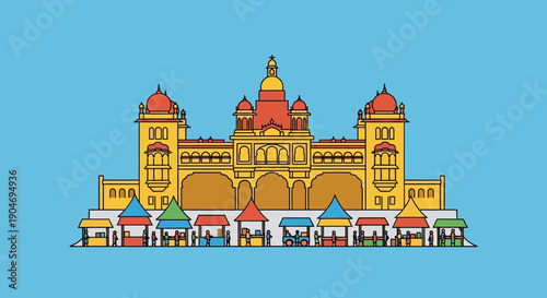 A detailed illustration of a grand palace with market stalls in front, set against a clear blue sky, representing a vibrant cultural landmark and bustling local commerce