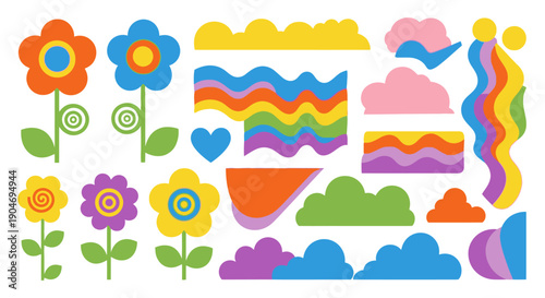 Colorful Retro Flowers, Clouds, and Rainbow Elements Collection