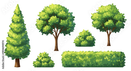 Collection of cartoon-style trees and bushes for landscaping and garden design