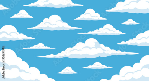 Vibrant Cartoon Clouds Floating in a Clear Blue Sky - Seamless Pattern Background