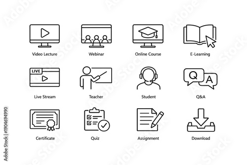 Online education icons: video lecture, webinar, course, e-learning, teacher, student, certificate, quiz