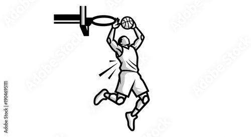 Basketball player making a dunk shot, stylized illustration.
