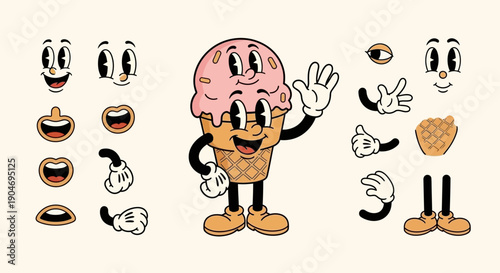 Cuadro en lienzo Whimsical Vintage Ice Cream Cone Character Vector Illustration with Various Part