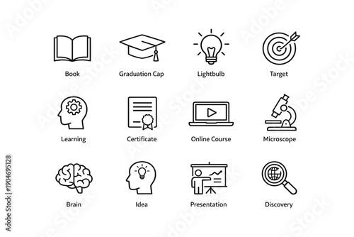 Education icons set featuring book, graduation cap, lightbulb, microscope, and target symbols