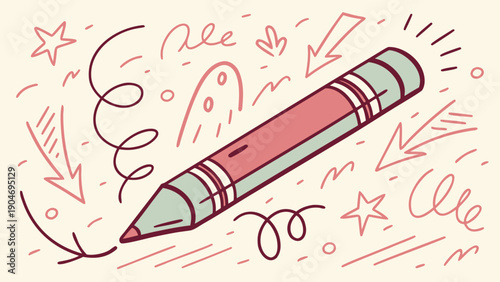 A red and teal pencil lies diagonally surrounded by many red hand-drawn doodles of spirals, stars, and arrows on a light cream background.