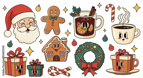 Whimsical Christmas Characters and Festive Items with Vintage Cartoon Style