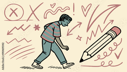 An illustration of a young boy walking towards a large pencil surrounded by hand drawn symbols.
