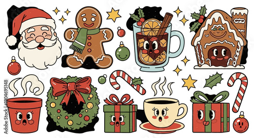 Cute Whimsical Christmas Characters and Elements in a Cartoon Style