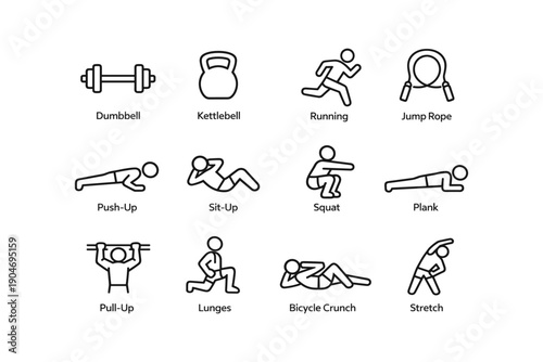 Fitness icon set: dumbbell, kettlebell, running, jump rope, exercise actions