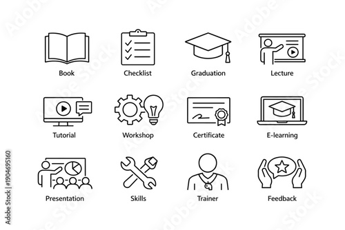 Educational icons: book, graduation, certificate, training, e-learning, workshop, presentation, skills, feedback