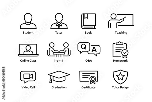 Educational icons: student, tutor, book, teaching, online classes, graduation