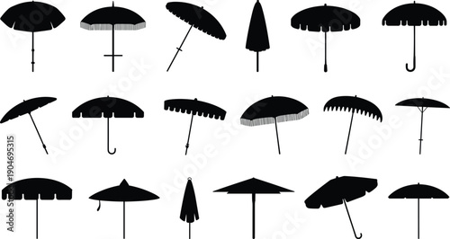 Umbrella Silhouette Collection Set Isolated on White Background, Black Parasol and Rain Umbrella Shapes for Graphic Design and Branding Use
