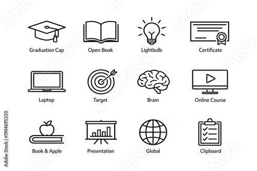 Educational icons: graduation cap, book, lightbulb, laptop, brain, online course