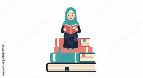 Cute Muslim girl in hijab sitting on a large stack of books, happily reading a story, symbolizing education, knowledge, and literacy for children.