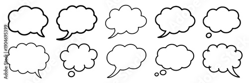 Speech bubble outline set with comic cloud shapes and tails, cartoon dialogue and thought balloons in black line style, isolated doodle icons for chat messaging