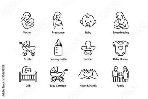 Maternity and baby care icons: motherhood, pregnancy, baby, breastfeeding, family symbols