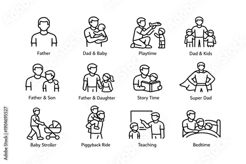Fatherhood icons: dad with children activities illustration