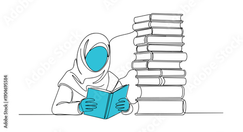 Minimalist continuous line art of a Muslim woman in hijab reading a book, surrounded by a tall stack of books, symbolizing education, knowledge, and learning.