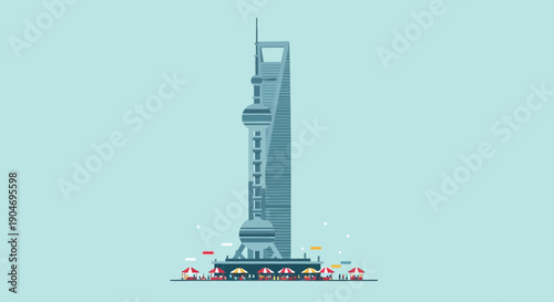 Modern skyscraper building illustration with stylized cars and a clear blue background, featuring a tall, futuristic structure