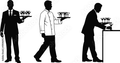 Collection of Black Vector Silhouettes Featuring a Professional Waiter in Suit and Chef in Uniform Carrying Trays of Martini Cocktail Glasses for Event Catering
