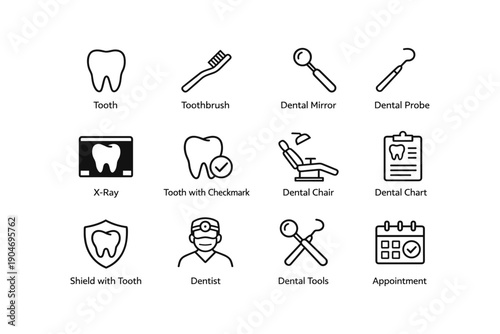 Dental icons set: tooth, tools, x-ray, chart, chair, appointment